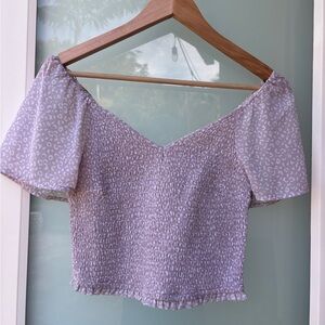 Japna Purple Puff Sleeve Smocked Crop Blouse